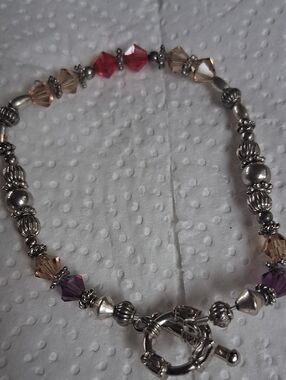 Handmade Silver Bead Bracelet with Red, Purple and Champagne Crystals